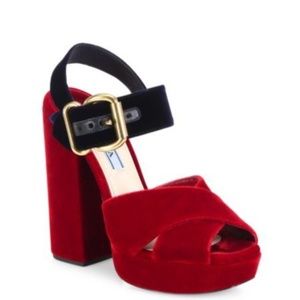 Prada Bicolor Velvet Red & Navy Platform Sandals